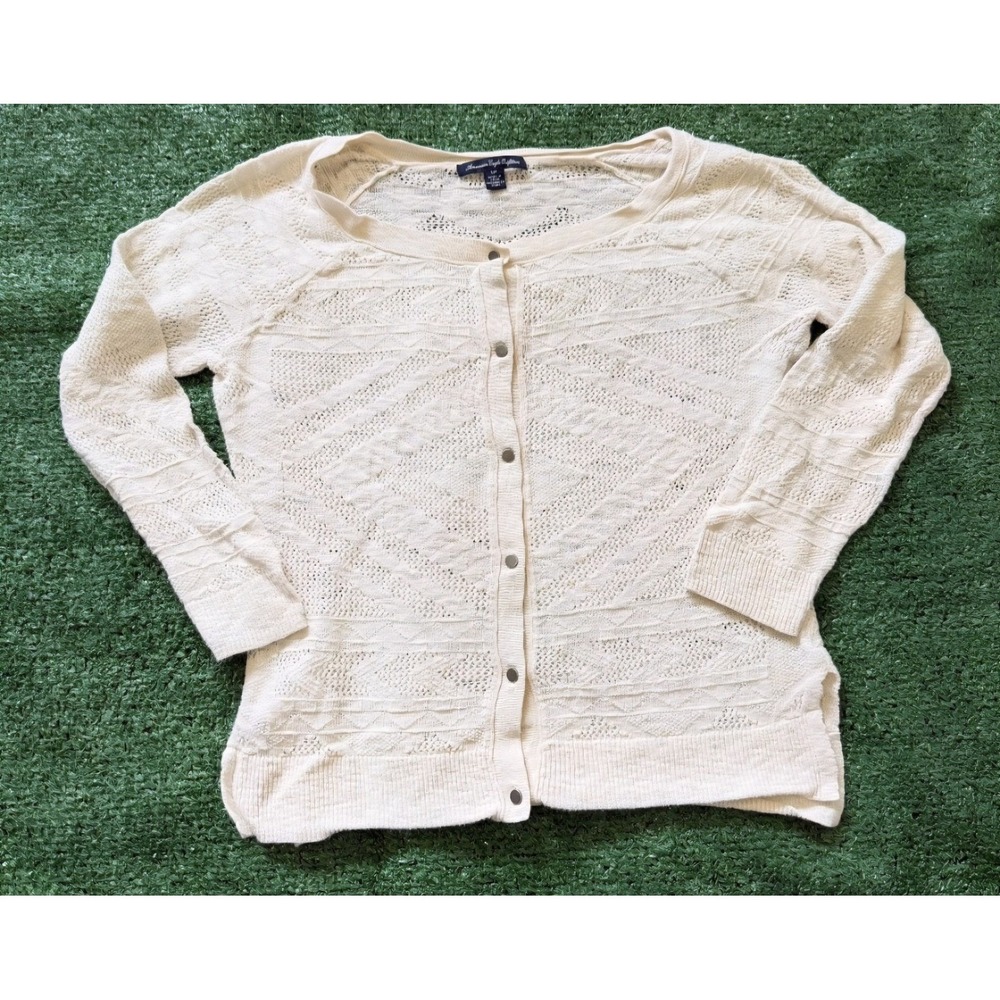 American Eagle Ivory Pointelle Knit Button Front Cardigan Sweater Womens Large